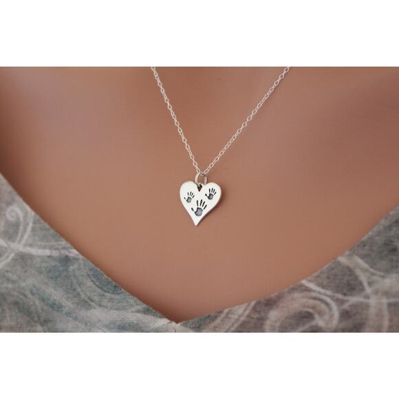 Sterling Silver Three Hand Prints Heart Charm Necklace,Hand Print Charm Necklace - Picture 1 of 3